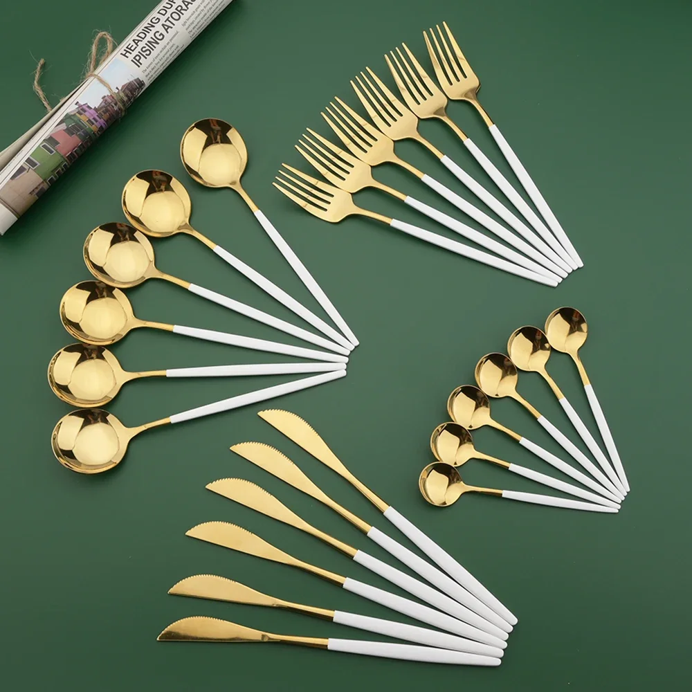 Gold Cutlery Flatware - طقم أدوات مائدة 16/24/32/48 قطعة أبيض